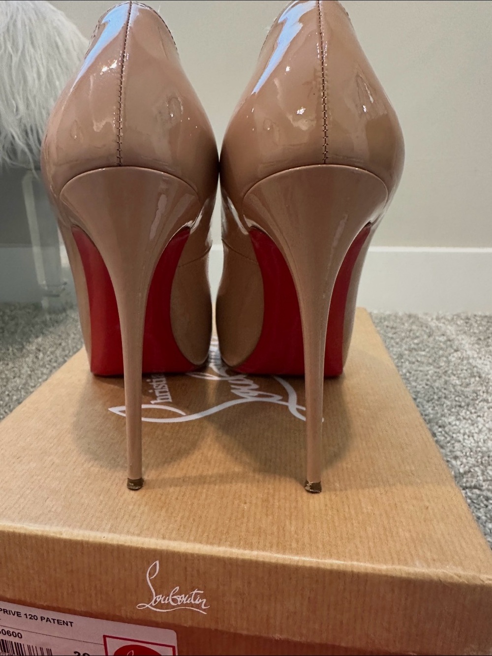 Christian Louboutin Beige Patent Leather Stiletto Pumps with Red open toe 39